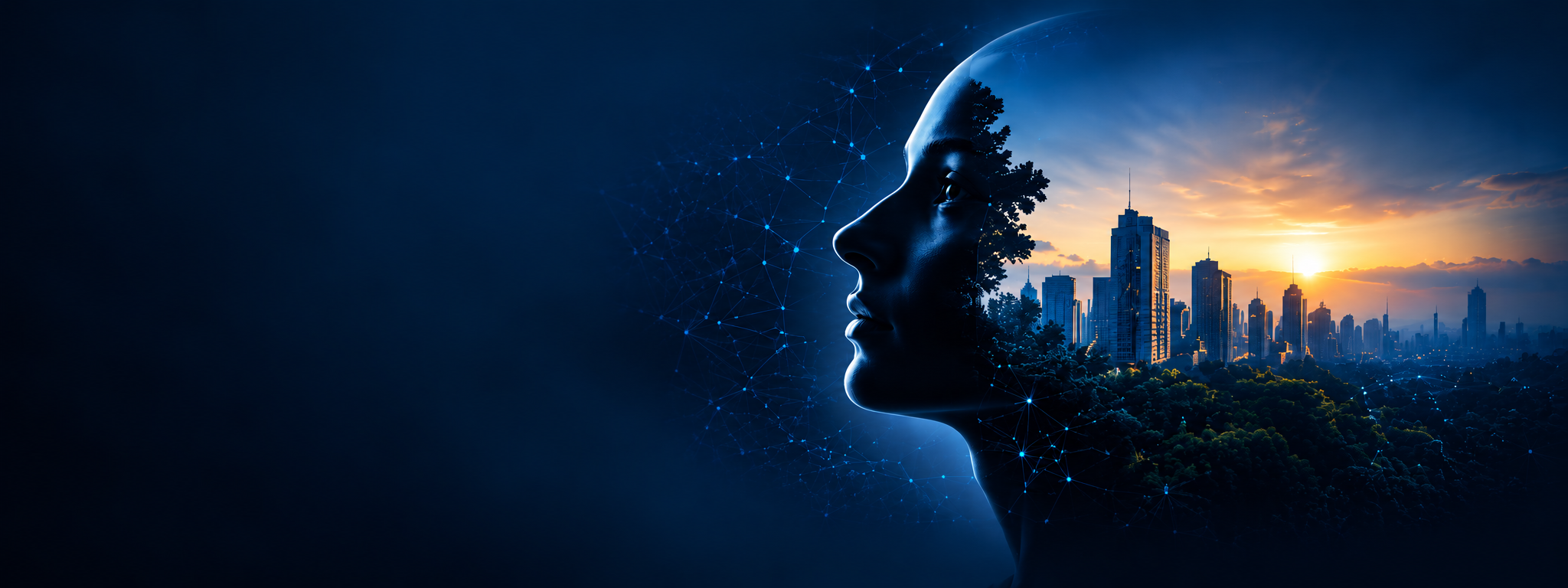 Artificial intelligence represented by a human profile merging with a city at sunrise
